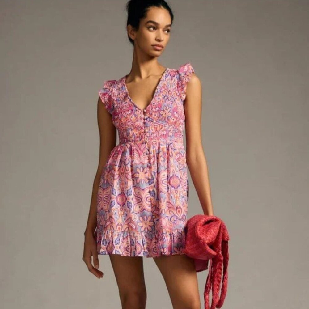 Anthropologie Pink Lavender Floral Mini Dress
